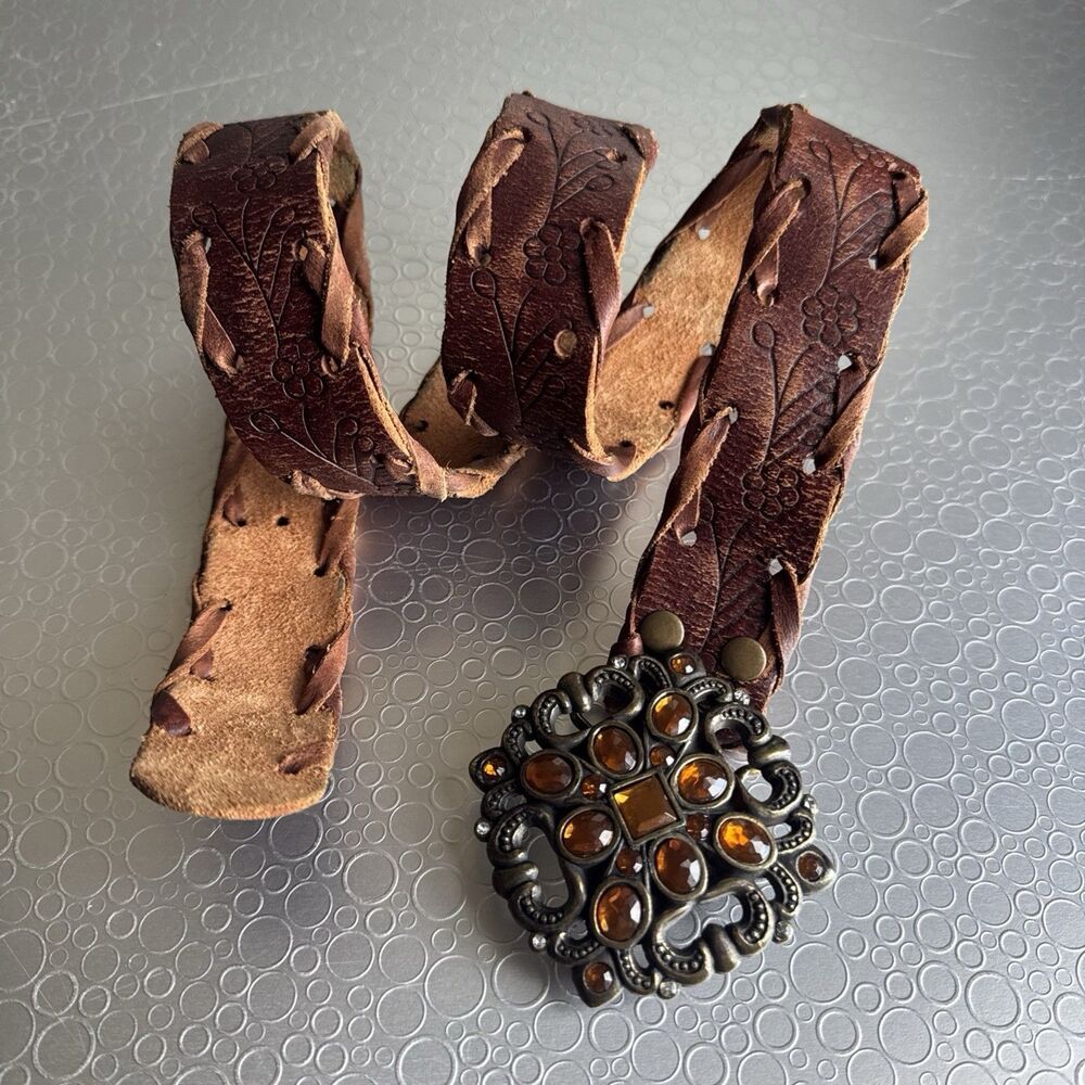 Vtg Abercrombie Fitch Leather Belt Tooled Whipstitch Amber Rhinestone - Size M L